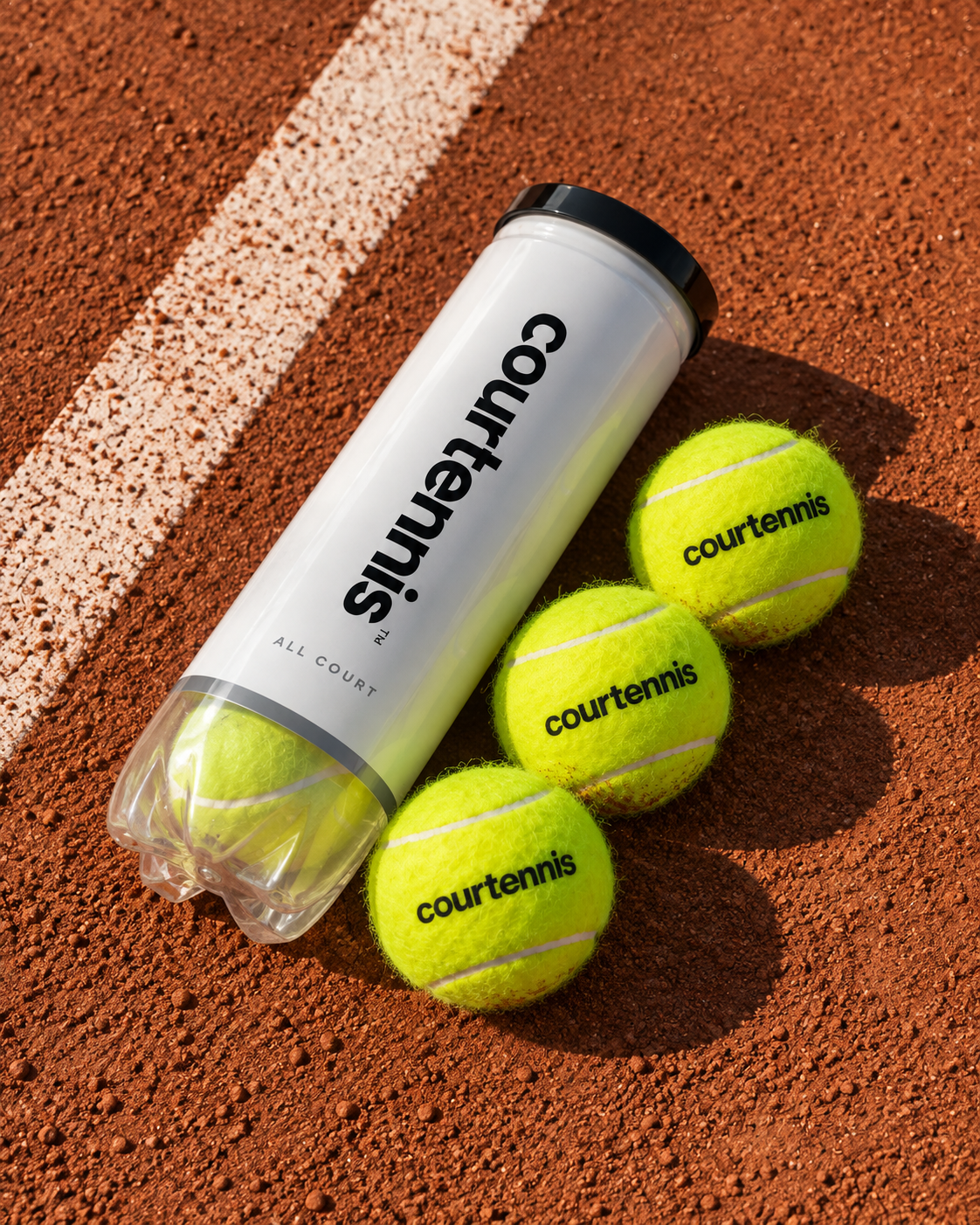 Courtennis can and custom tennis balls on a clay court